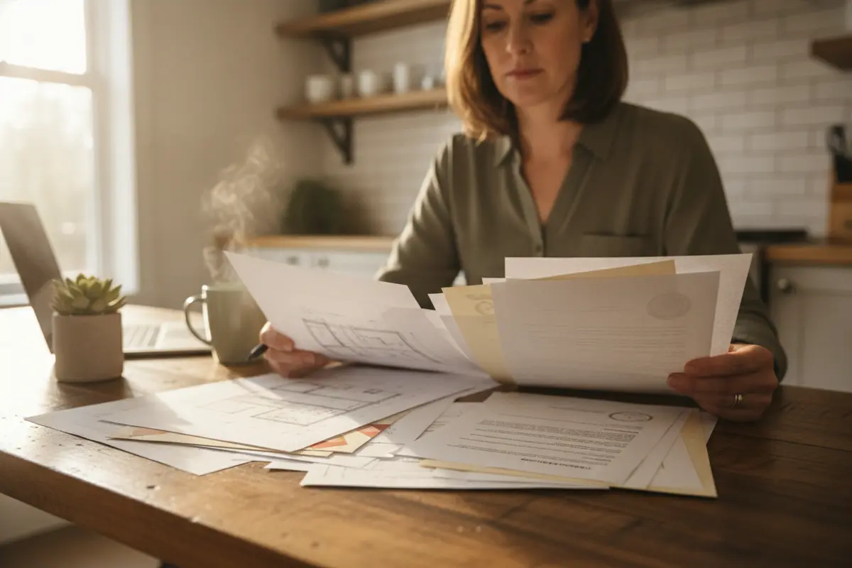 A homeowner reviewing property and insurance documents at a table