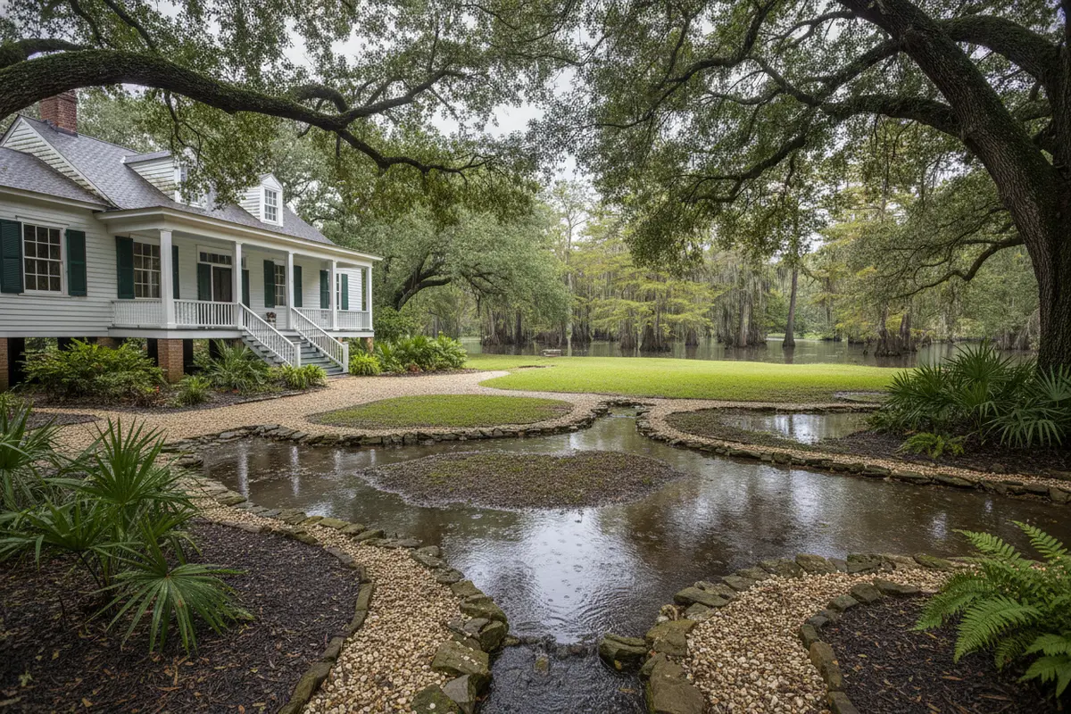 A Louisiana home and its surrounding landscape viewed after rainfall