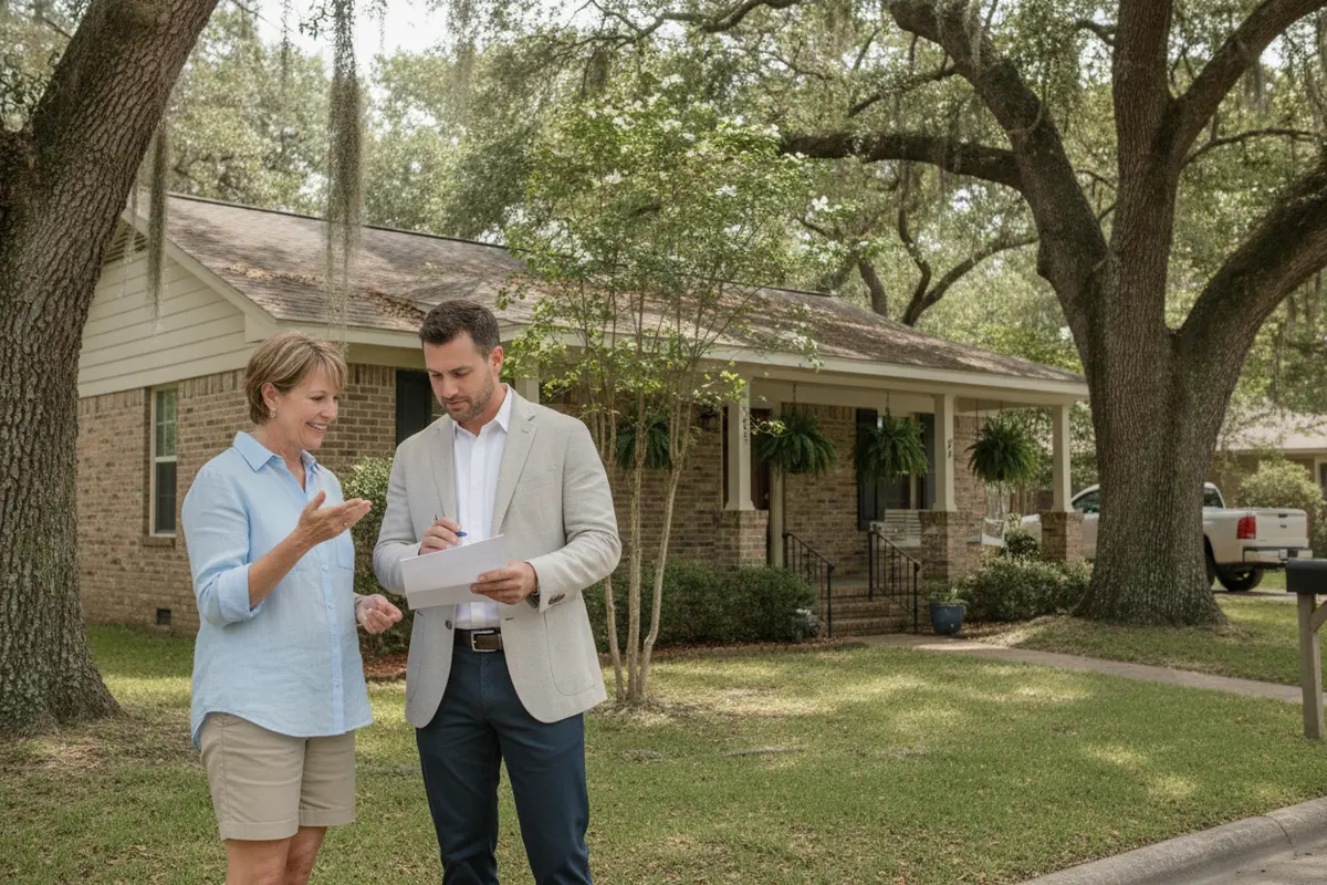 Homeowner and insurance adviser reviewing a house exterior and coverage details