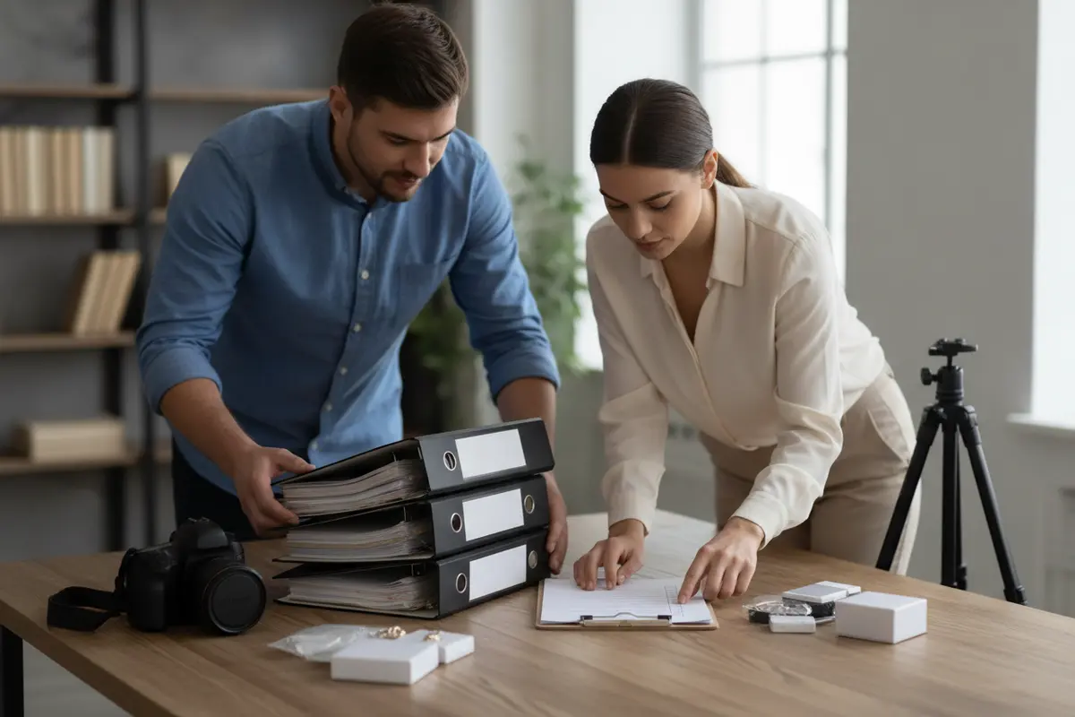Homeowner and small business owner organising records and property photos