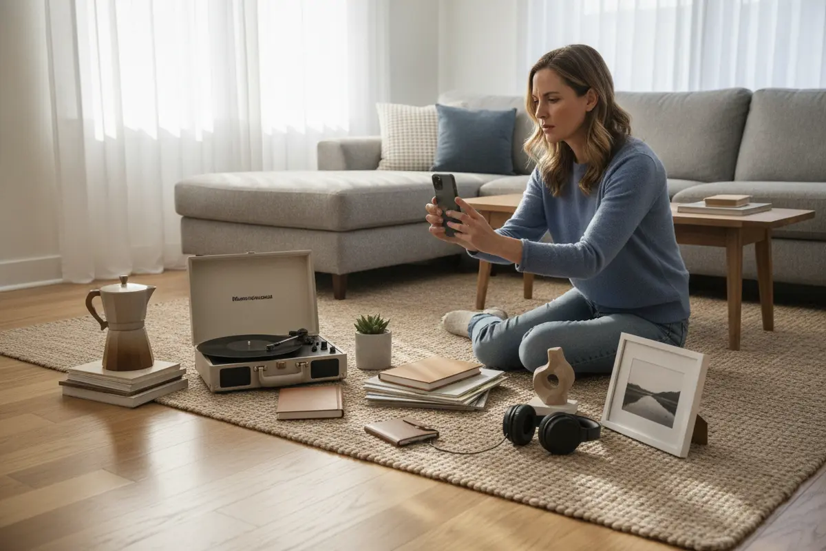 Homeowner photographing household belongings to create a personal property inventory