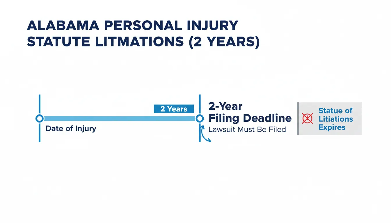 Alabama personal injury statute of limitations timeline showing 2-year filing deadline