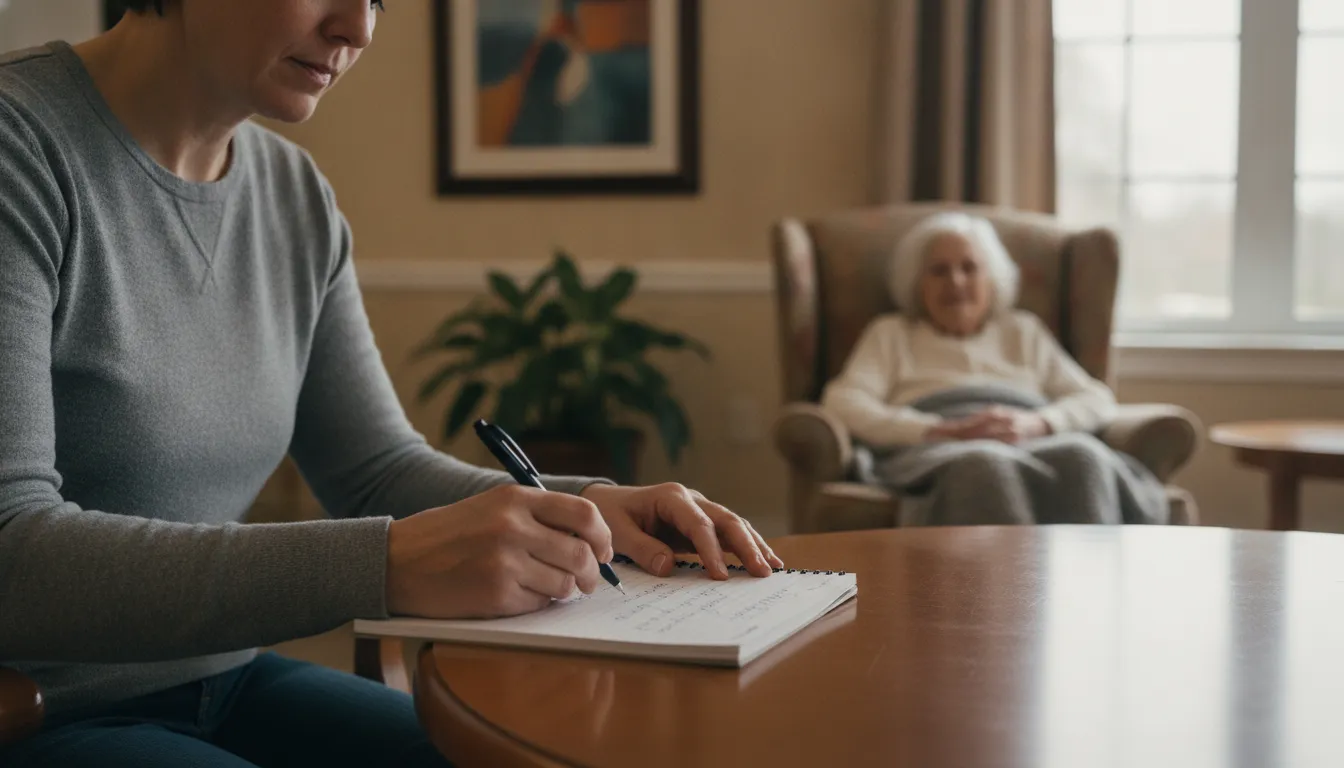Family member documenting nursing home abuse warning signs in a care log