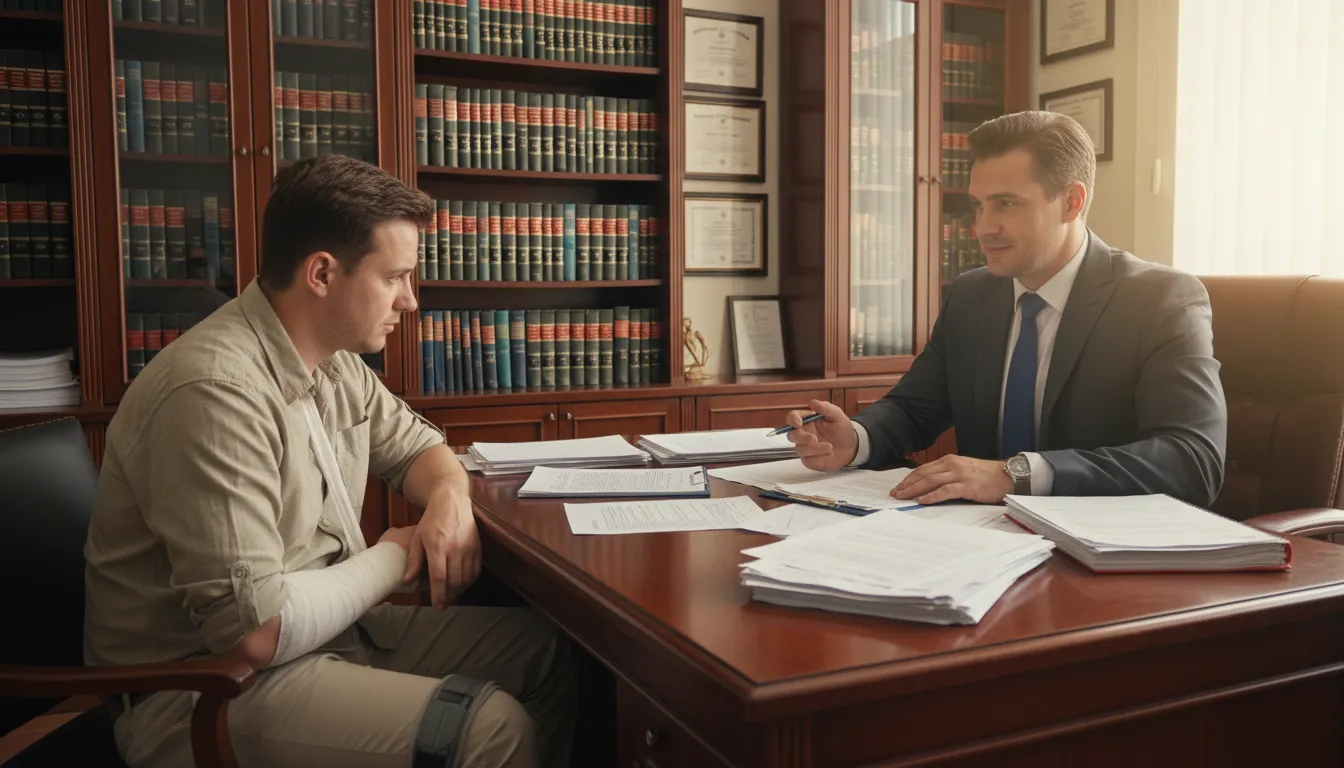 Personal injury attorney reviewing personal injury claims process documents with injured client at law office