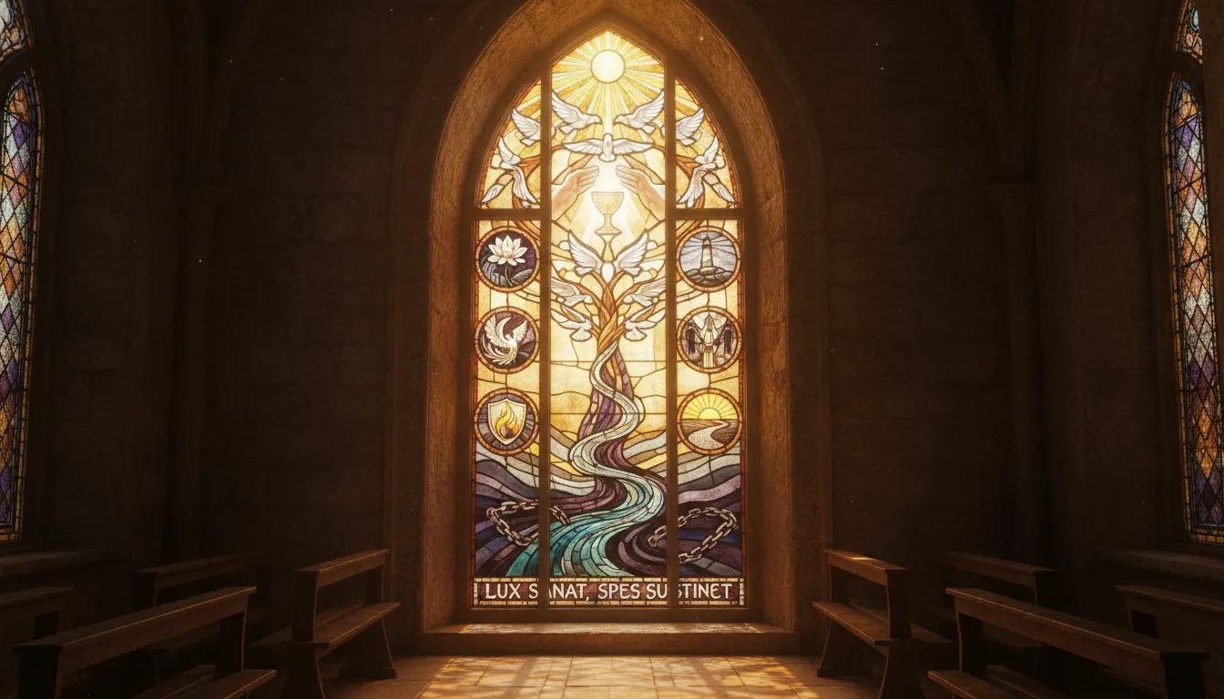Warm light streaming through a stained glass church window, symbolizing hope and healing for abuse survivors