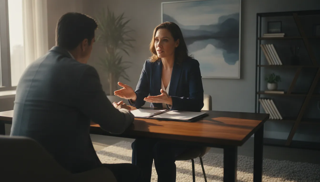 Personal injury attorney reviewing a contingency fee agreement with a client in a law office