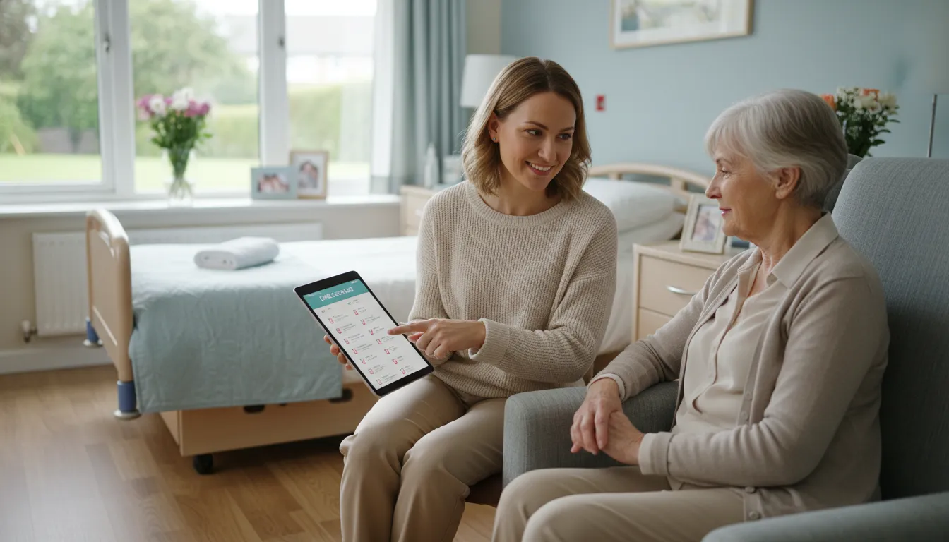 Family member reviewing nursing home abuse signs during a care visit
