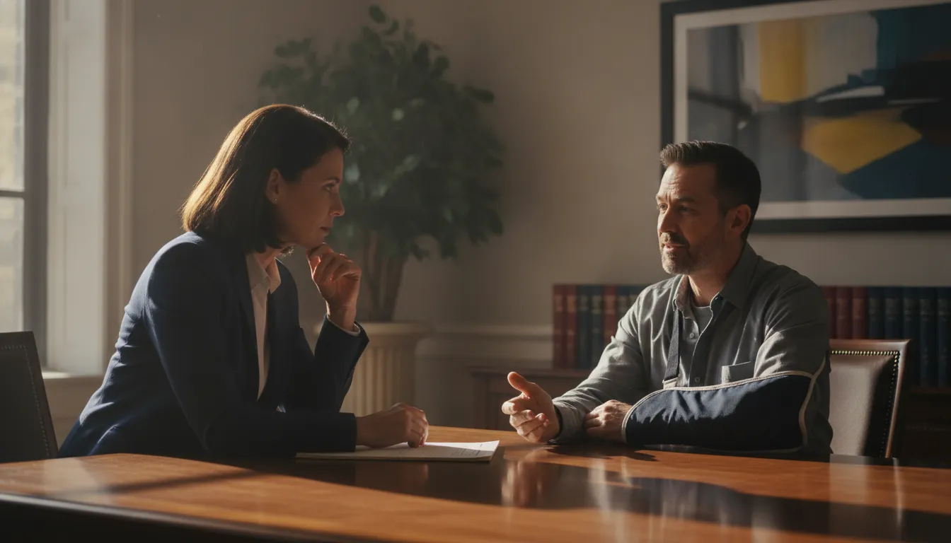 Injured client consulting with a personal injury attorney in a law office