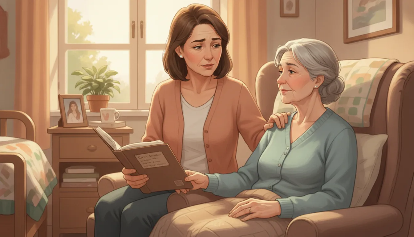 Family member documenting nursing home care concerns in a journal