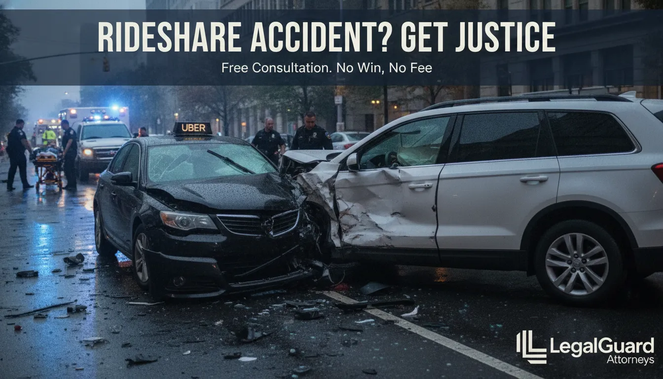 Two vehicles damaged in a rideshare accident with visible collision impact, legal consultation theme