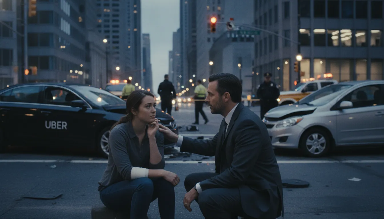 Uber accident lawyer discussing a rideshare collision claim with an injured passenger