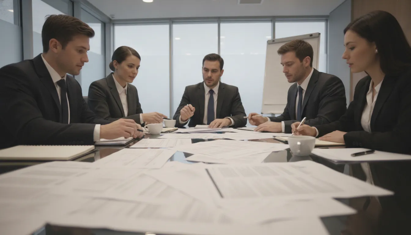 Personal injury case team in a conference room reviewing case documentation