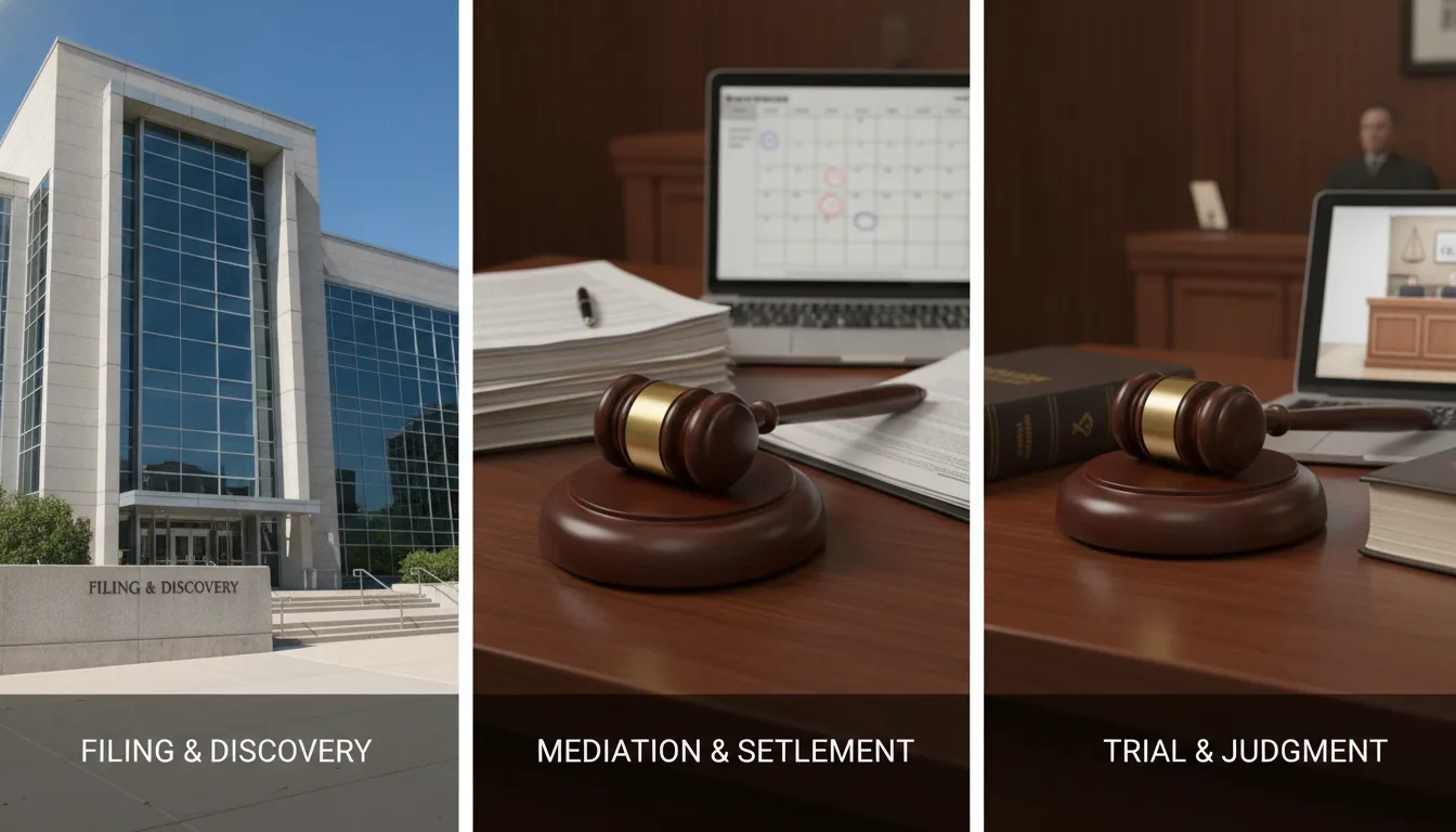 A modern courthouse representing the stages of a personal injury lawsuit