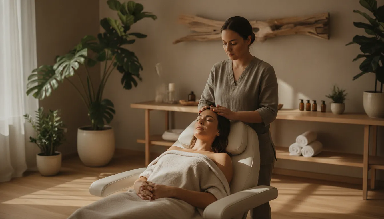 Therapist performing a gentle scalp massage during a head spa appointment