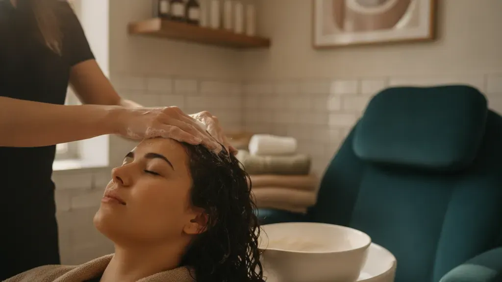 Professional head spa scalp cleansing and massage with warm water therapy