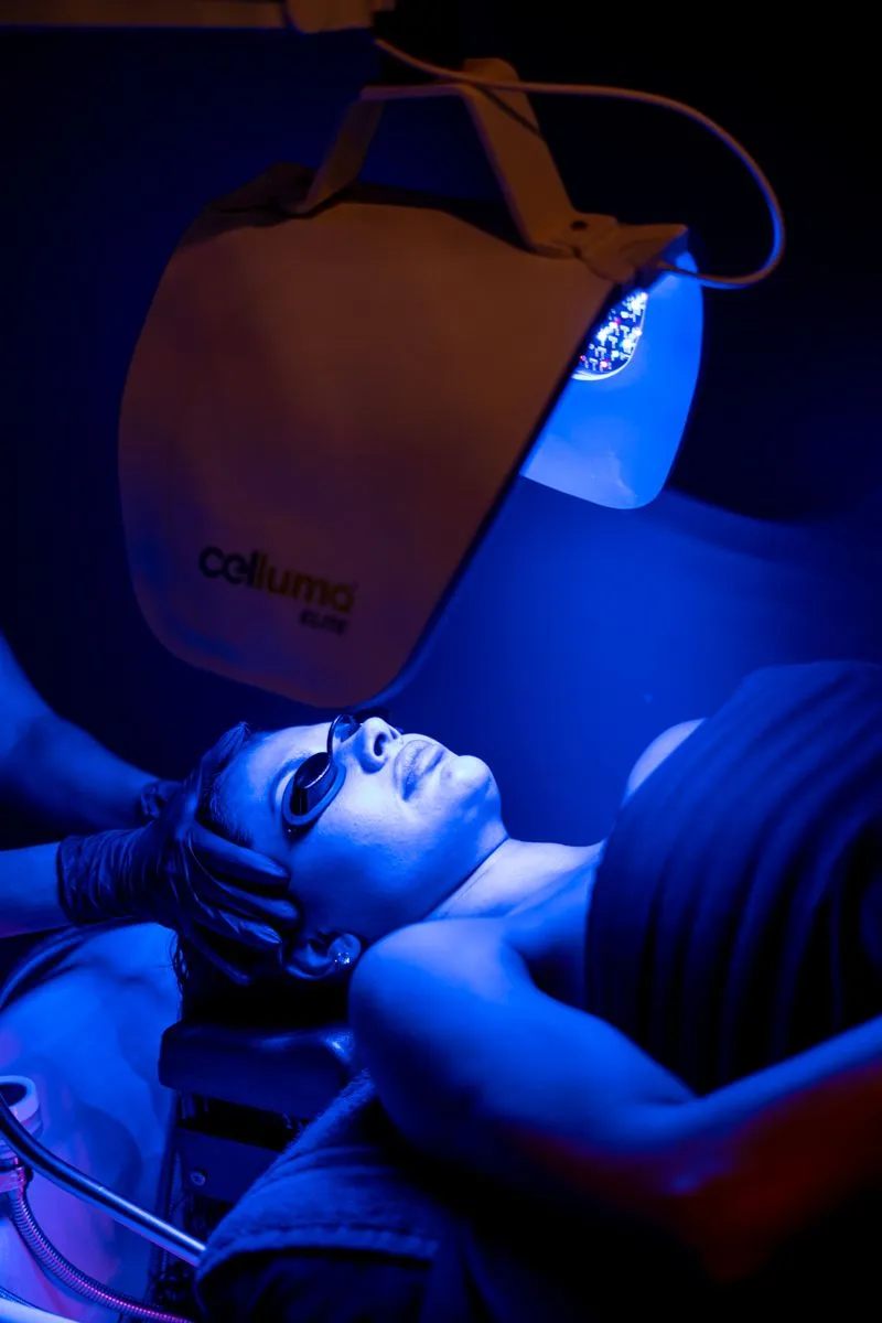 Client receiving premium Japanese head spa with Celluma LED light therapy and soothing facial jelly mask at The Sage HeadSpa