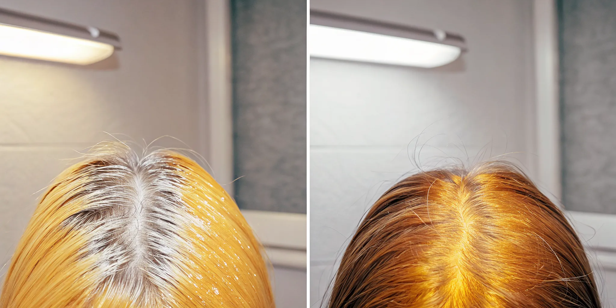 Side-by-side comparison showing scalp with white waxy buildup versus a healthy clean scalp after professional treatment