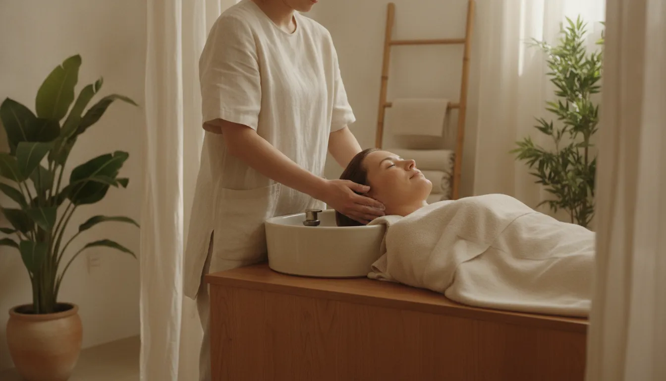 Guest relaxing during a calming Japanese head spa treatment