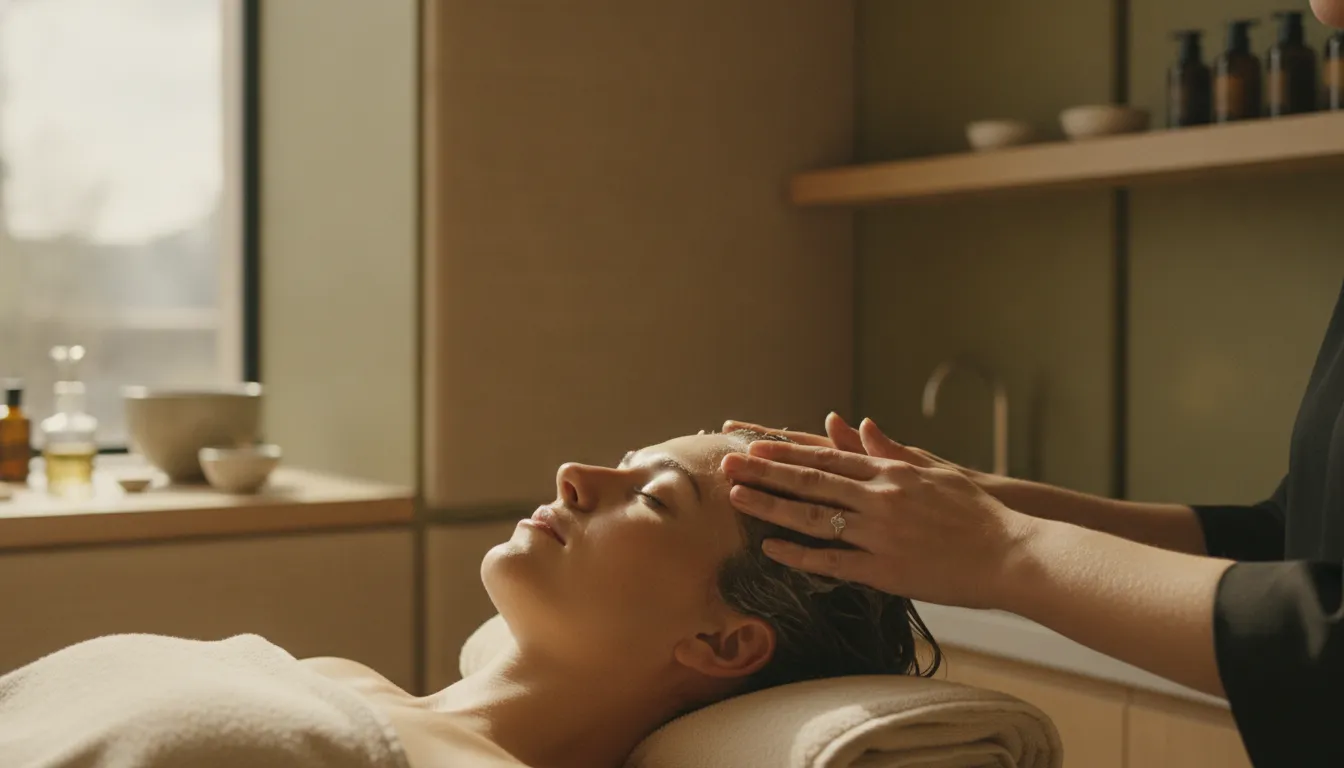 Licensed esthetician providing a relaxing Japanese head spa scalp treatment
