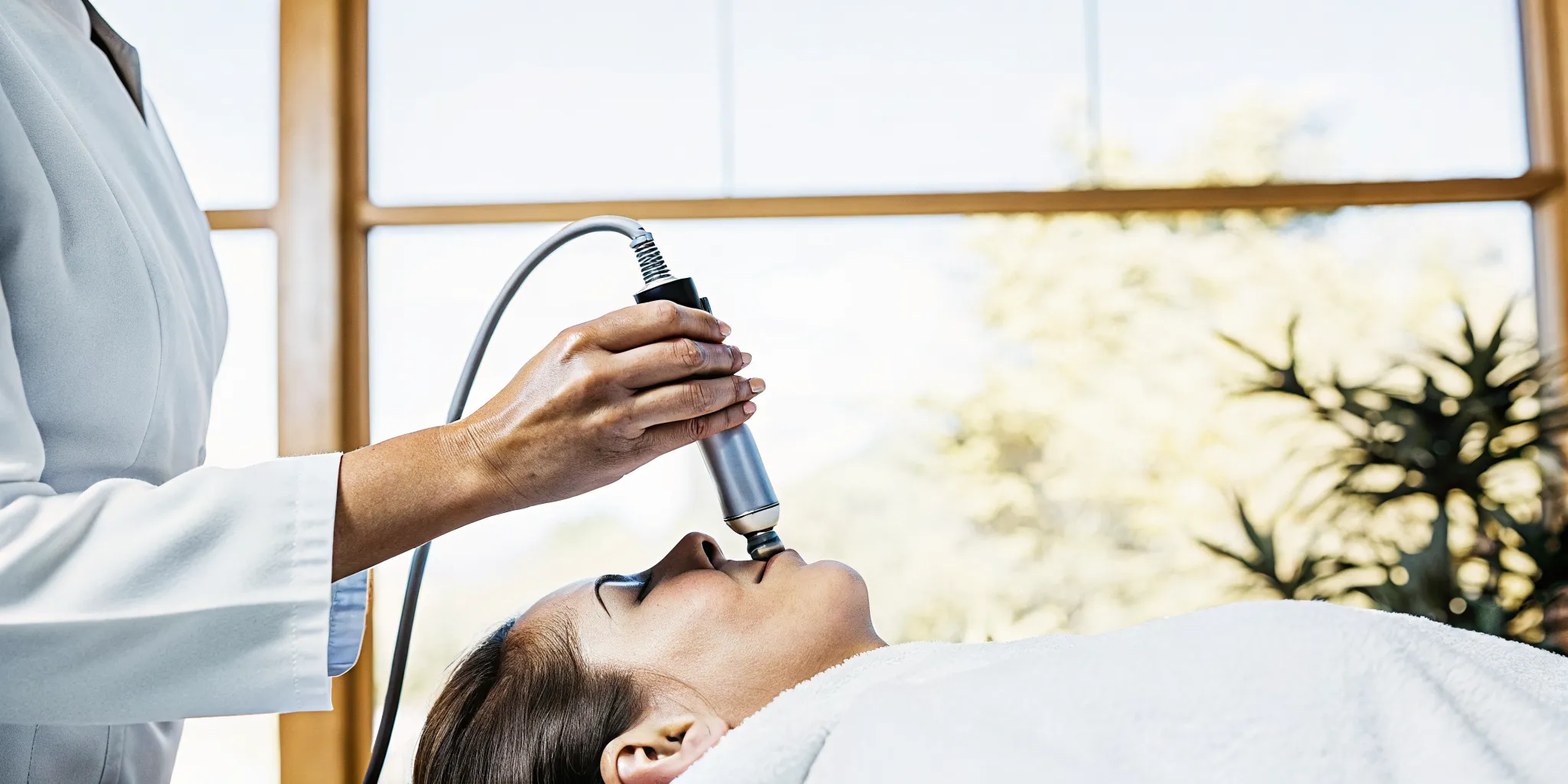Licensed esthetician at The Sage HeadSpa performing a professional scalp analysis in a warm natural-light spa room