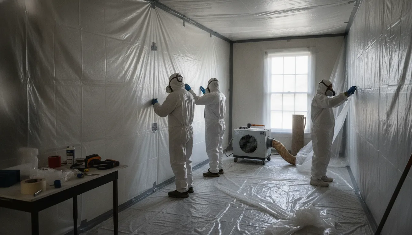 A controlled containment area helps prevent asbestos fibers from spreading during professional work.