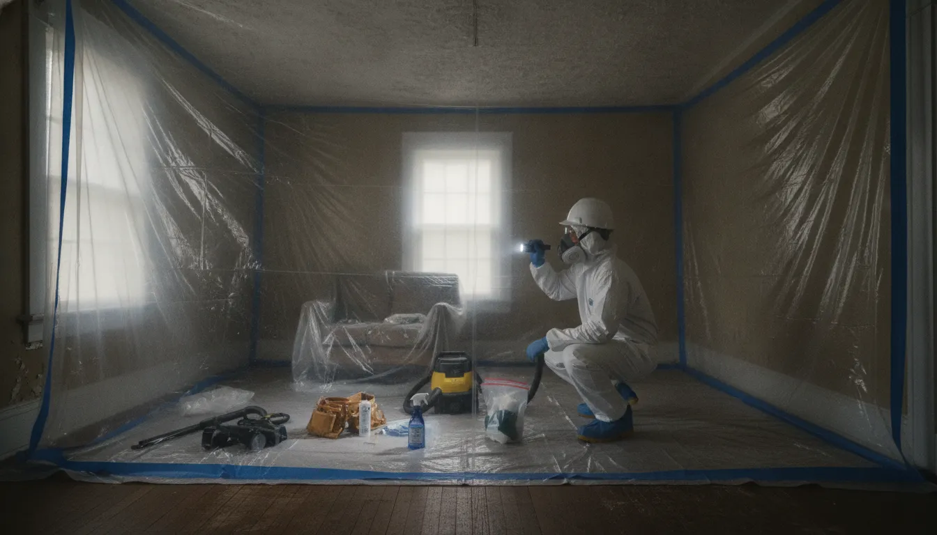 Environmental specialist inspecting an older interior before asbestos abatement