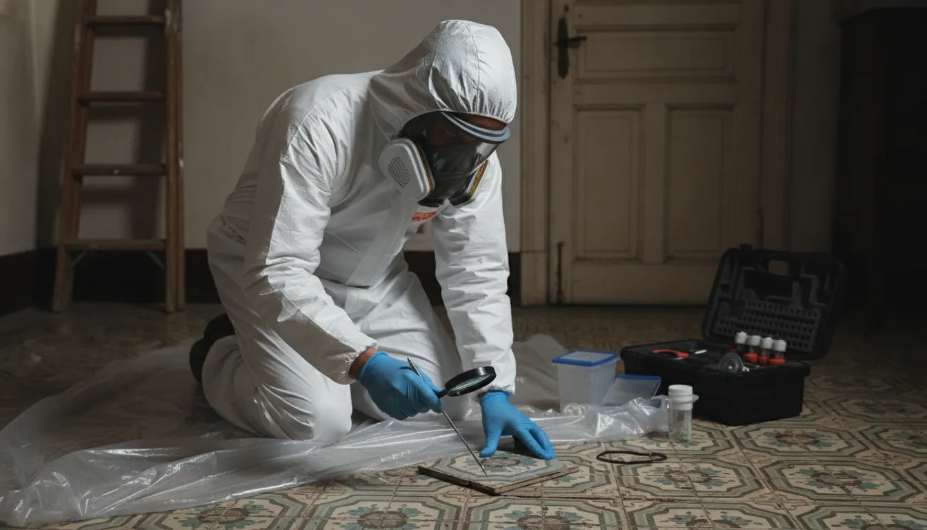 Environmental professional inspecting suspect asbestos material in an older home