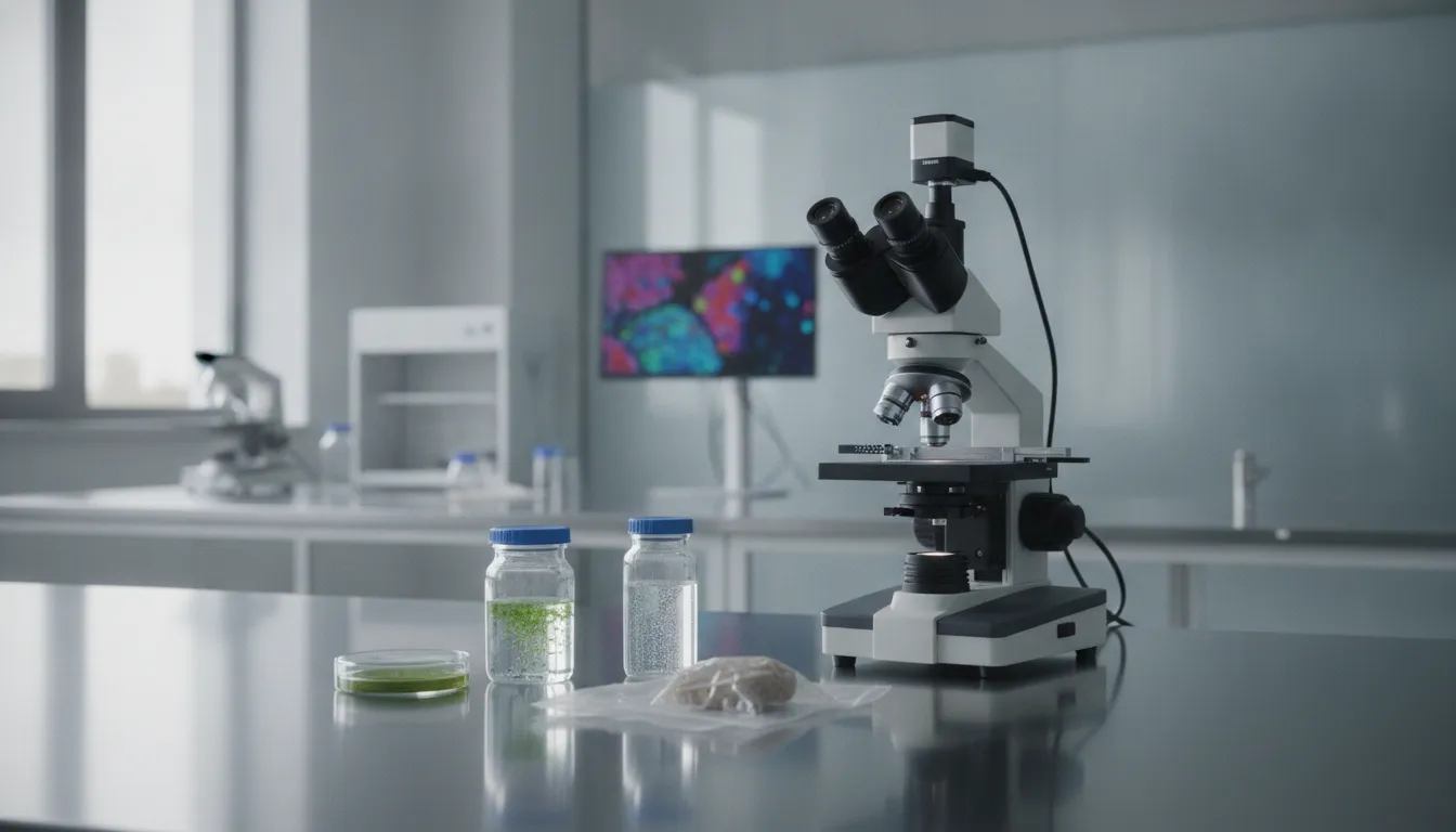 Sealed material samples beside a microscope in an asbestos testing laboratory