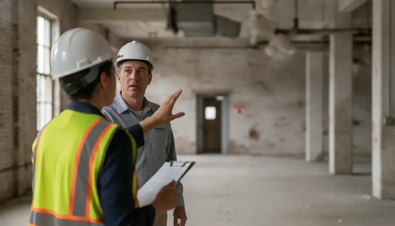 Environmental professionals discussing ongoing asbestos building maintenance planning
