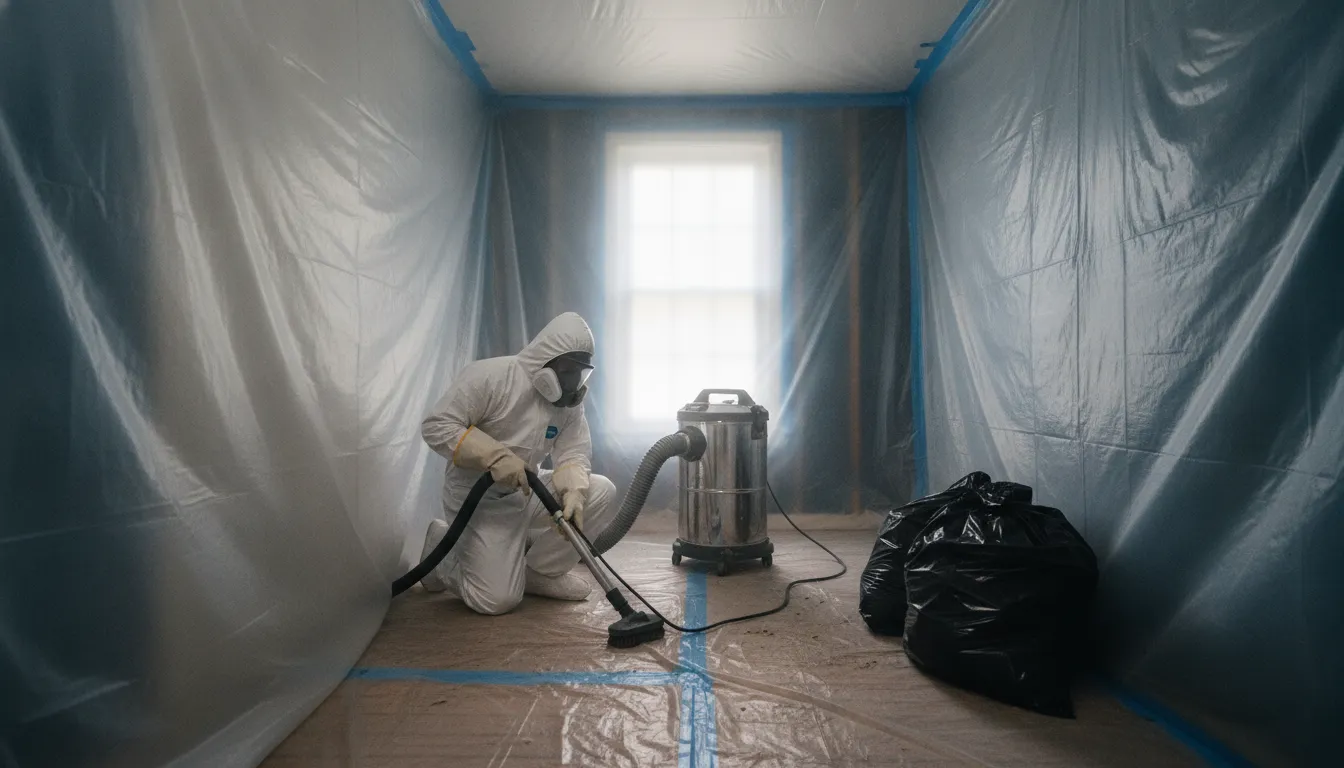 Technician working inside a contained Raleigh home during asbestos removal