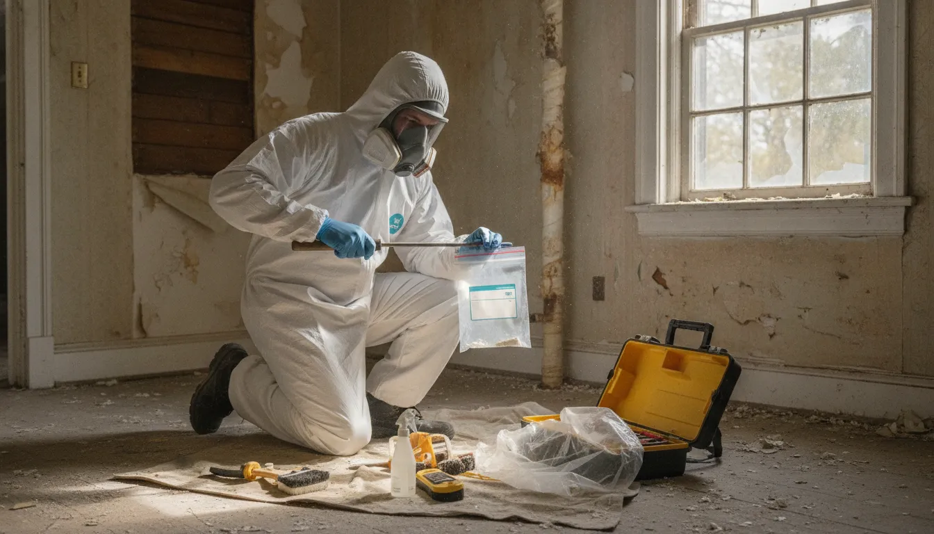 Environmental professional safely collecting a sample from suspect flooring for asbestos testing