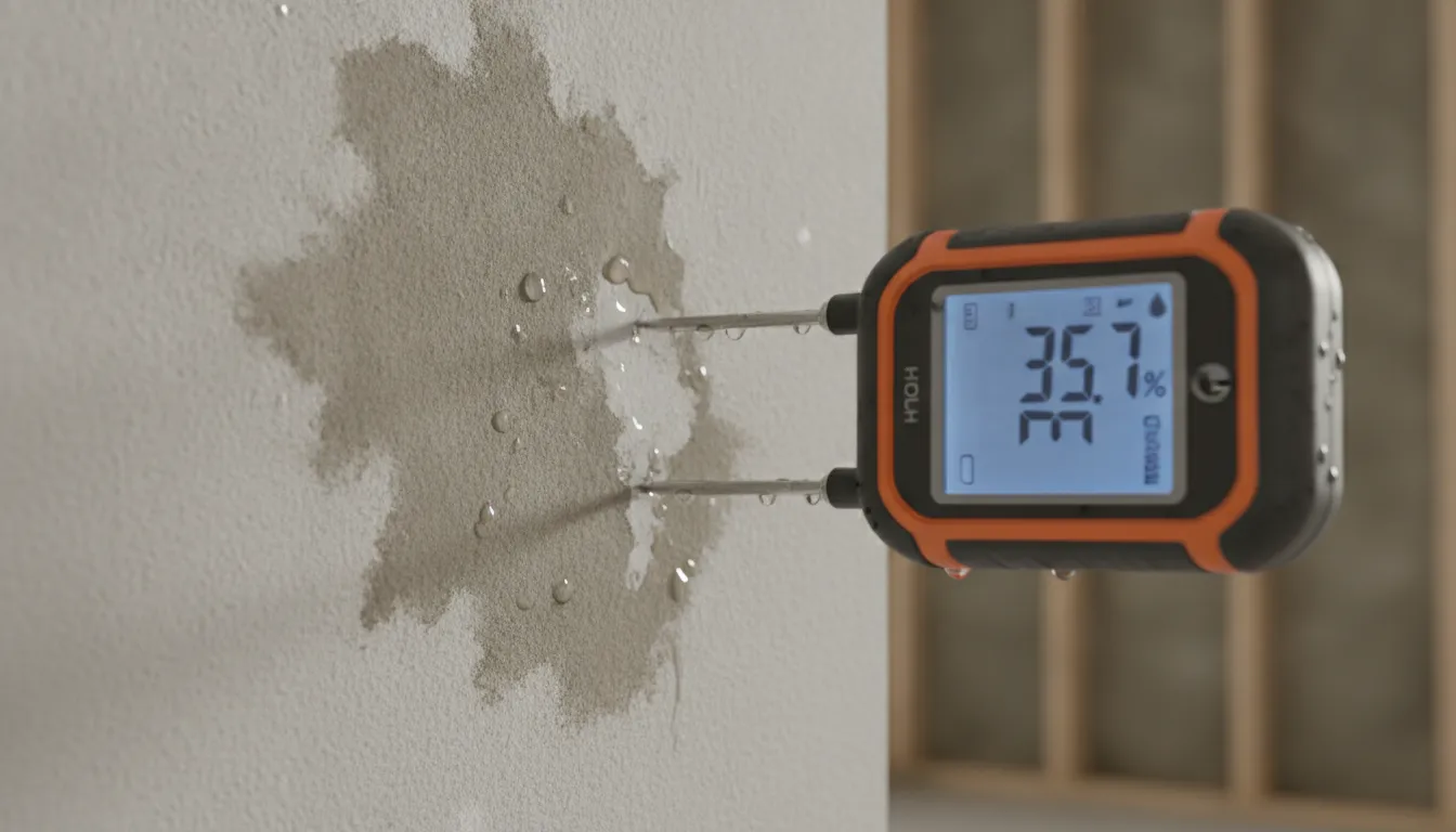 A professional technician using a digital moisture meter to check water-damaged drywall