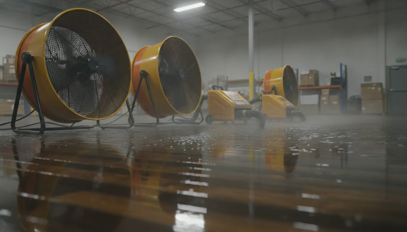 High-velocity industrial air movers and fans drying wet flooring after a leak