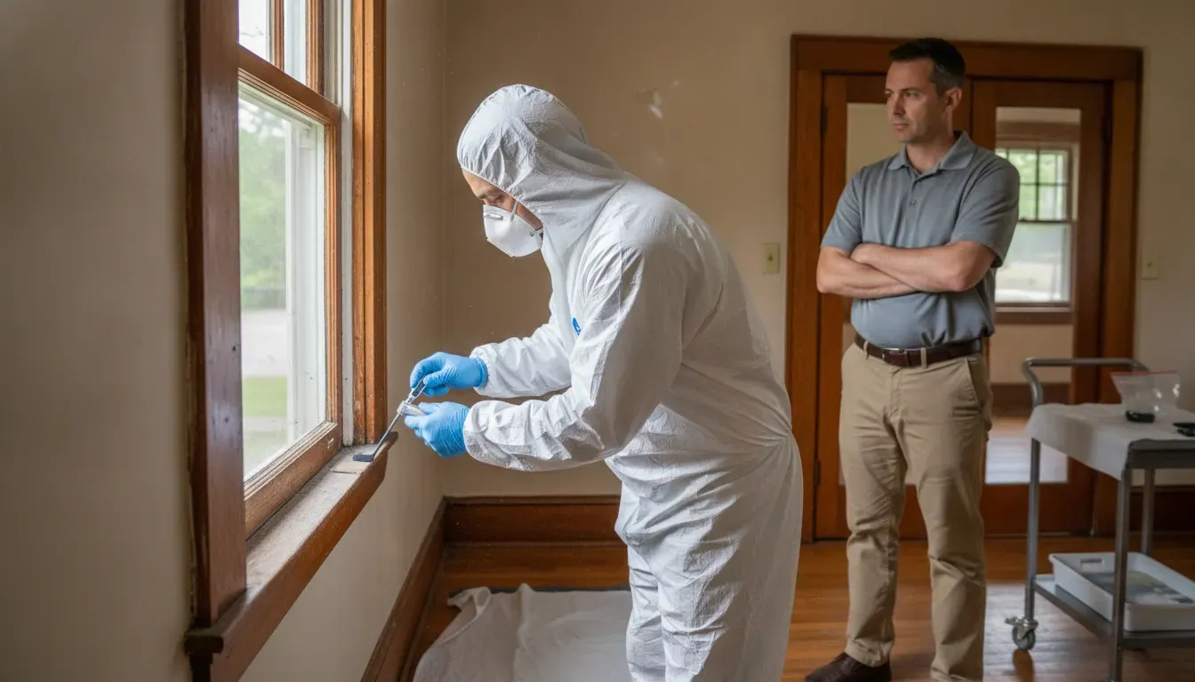 Environmental inspector examining painted window trim in an older Raleigh rental home