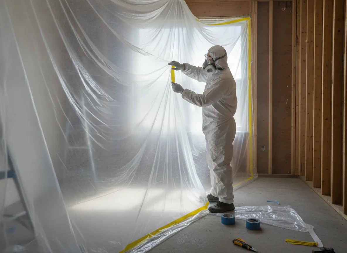 Certified asbestos abatement technician in protective gear applying plastic sheeting containment around a flooring work area