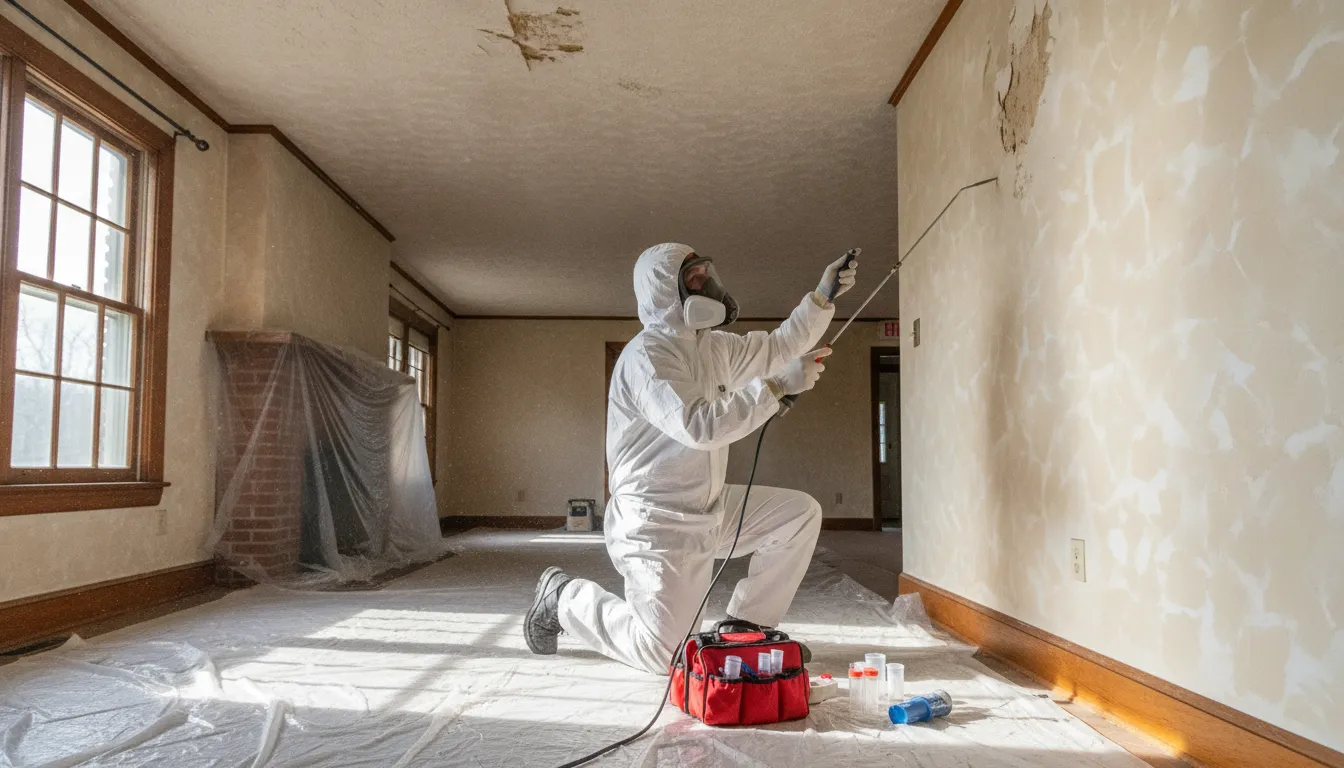 Asbestos inspector in protective gear examining a textured wall and popcorn ceiling in a Raleigh home