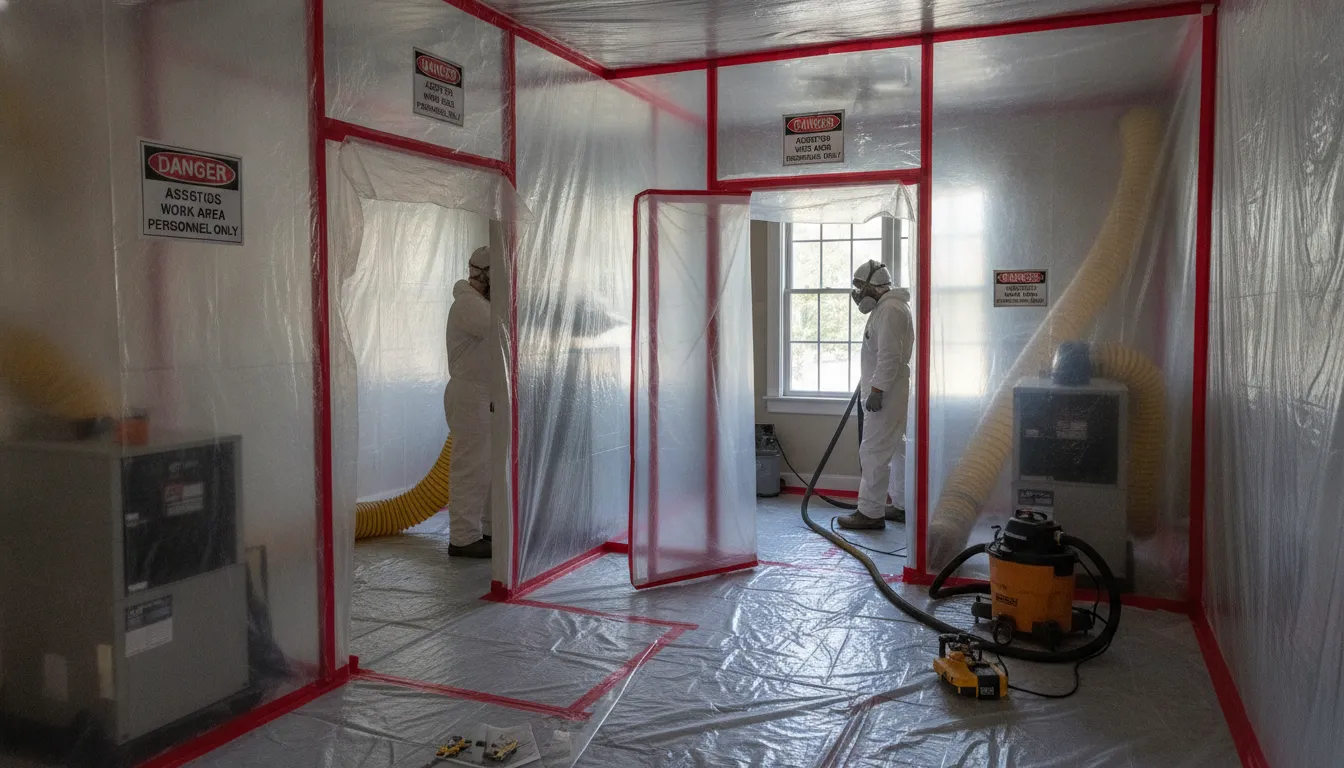 Asbestos abatement containment area with plastic sheeting barriers and HEPA air filtration equipment