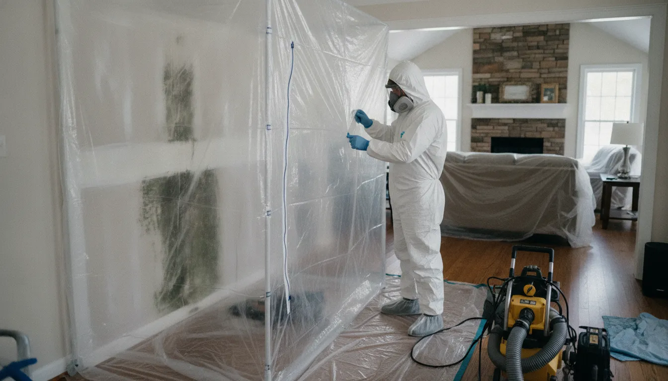 Technician setting up containment for professional black mold removal