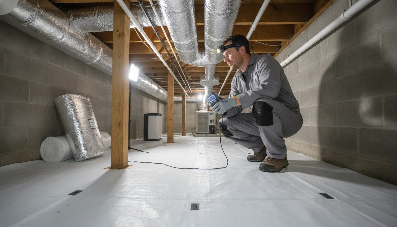Environmental technician checking crawl-space moisture in North Carolina