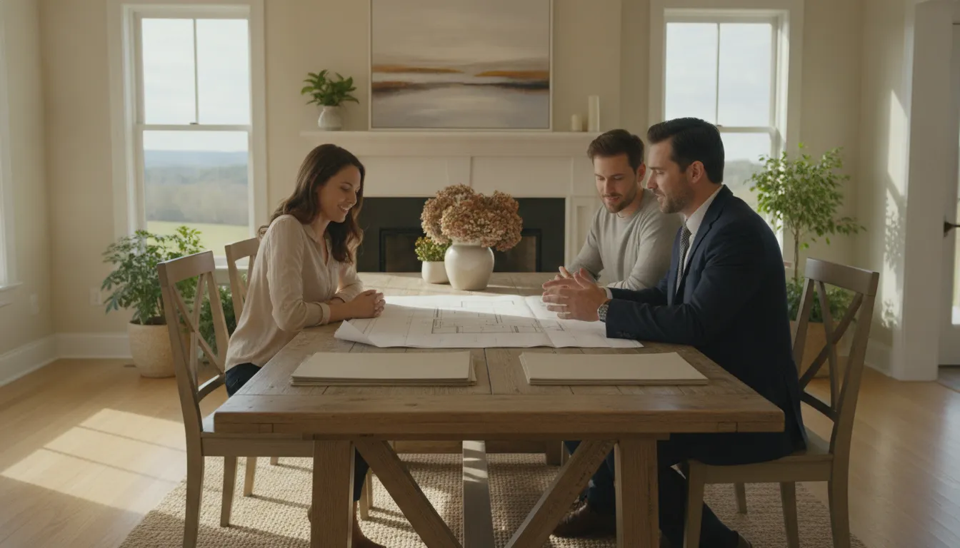 Real estate agent reviewing disclosure documents with home buyers in a sunlit North Carolina home