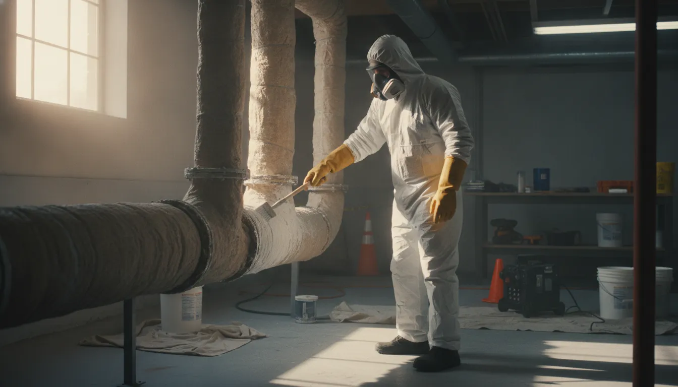 Environmental technician in protective equipment applying a sealing encapsulant to insulated piping in a residential basement