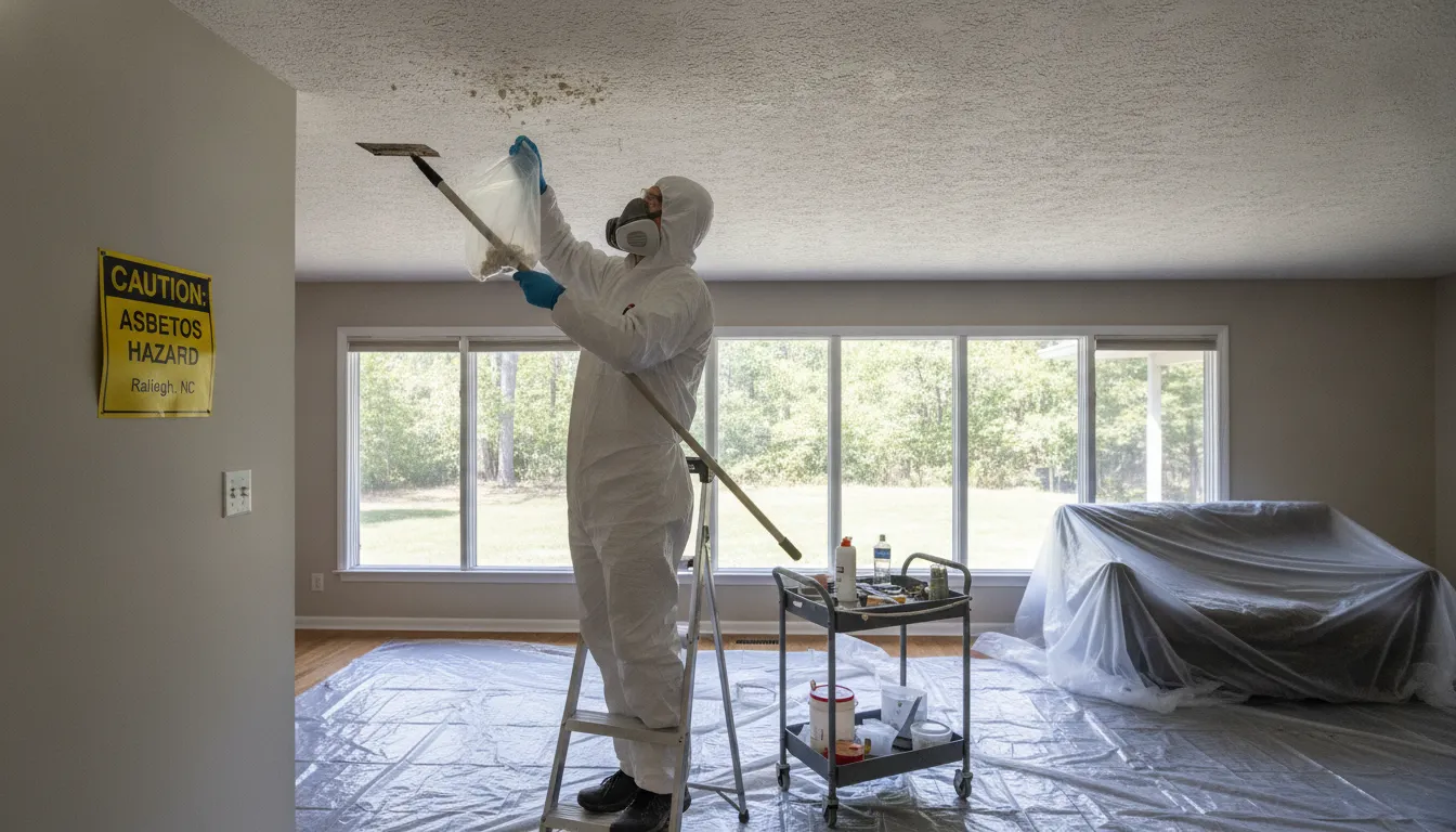 Certified asbestos inspector collecting material samples from a residential ceiling