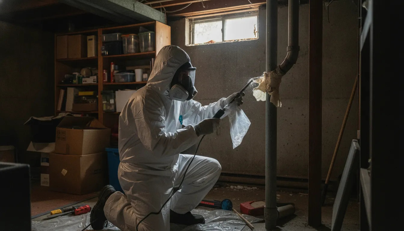 Professional asbestos inspector in protective gear collecting a sample from residential pipe insulation