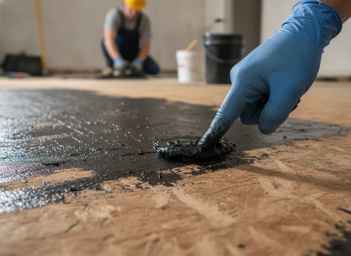 Dark tar-like black mastic adhesive exposed beneath lifted vinyl floor tiles on a subfloor in an older Raleigh home