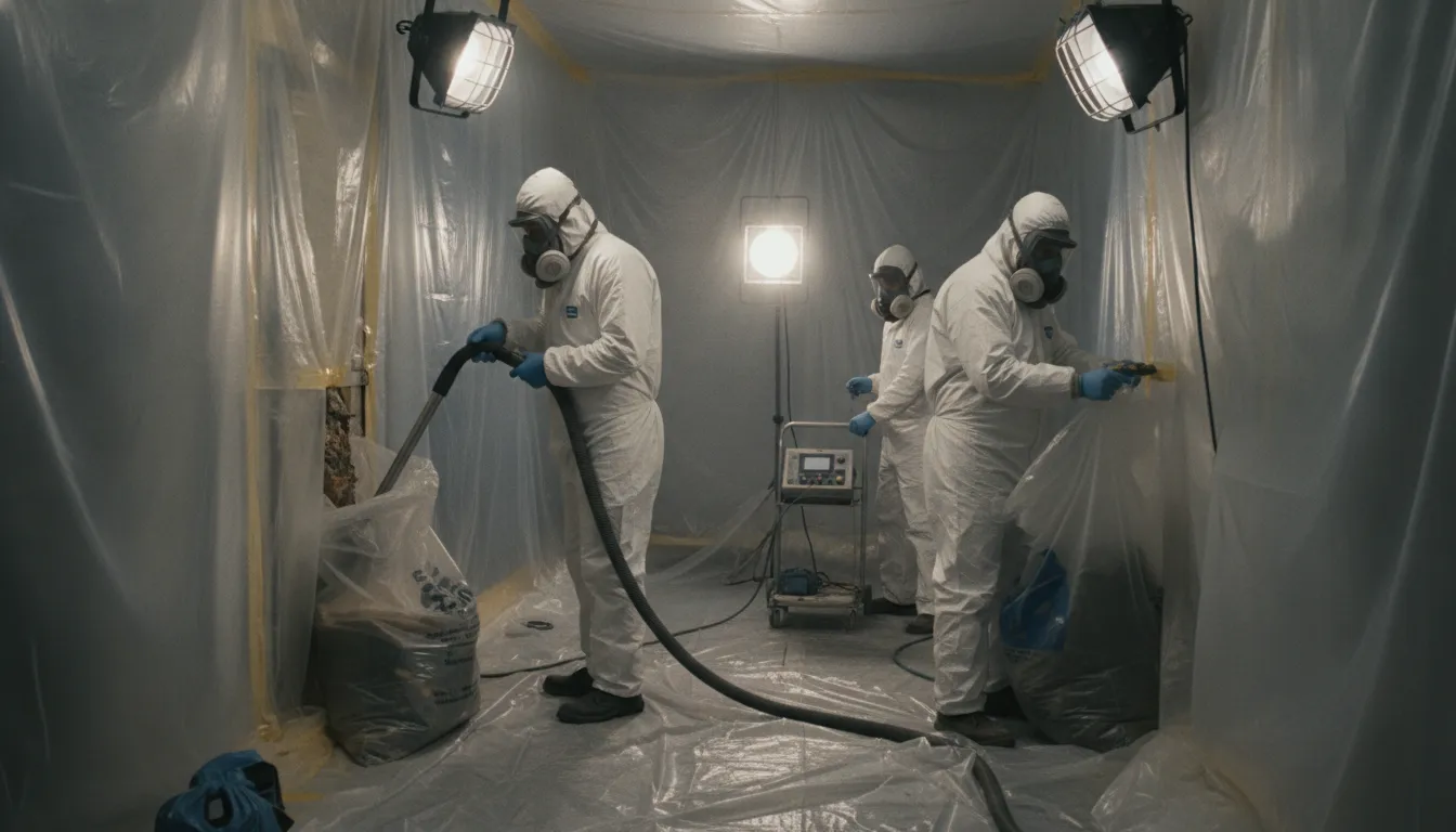 Asbestos abatement crew in full protective gear and respirators working inside a contained, sheeted work area
