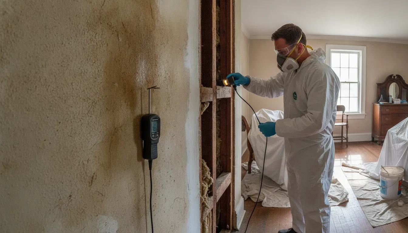 Specialist using a moisture meter during a water damage restoration inspection