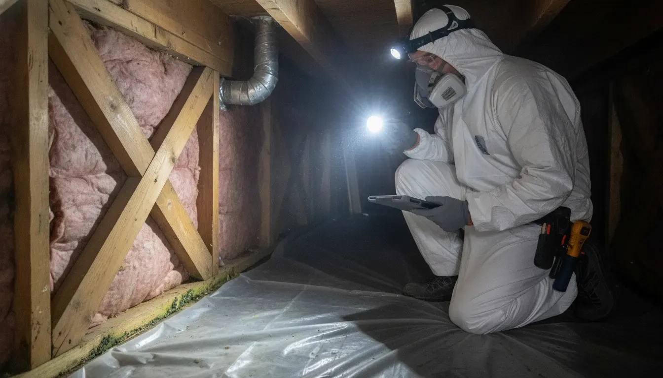 Technician inspecting moisture and possible fungal growth in a North Carolina crawl space
