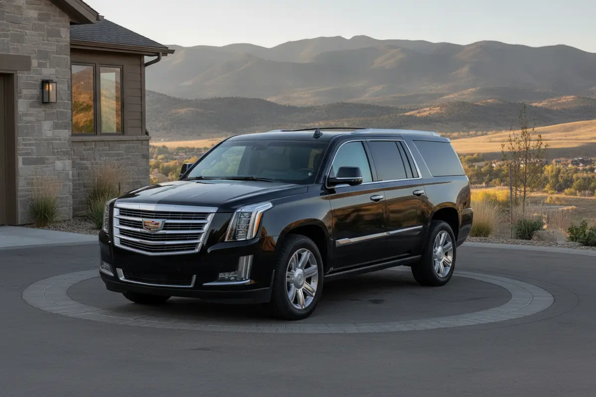 A black Cadillac Escalade ESV ready for a private ride from Highlands Ranch