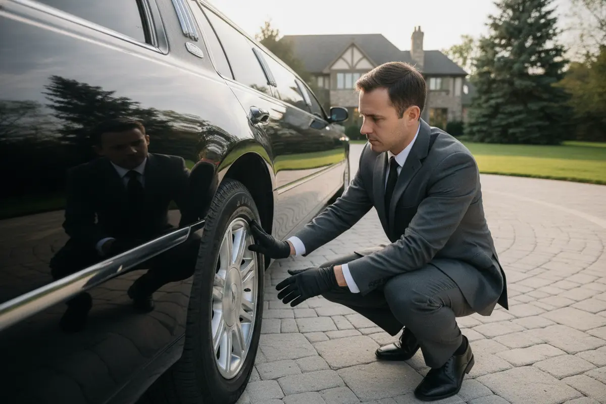 A chauffeur inspecting a limousine before departure