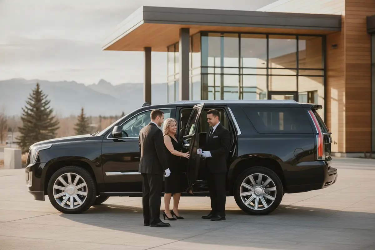 A chauffeur welcomes passengers beside a luxury SUV outside a Broomfield event venue